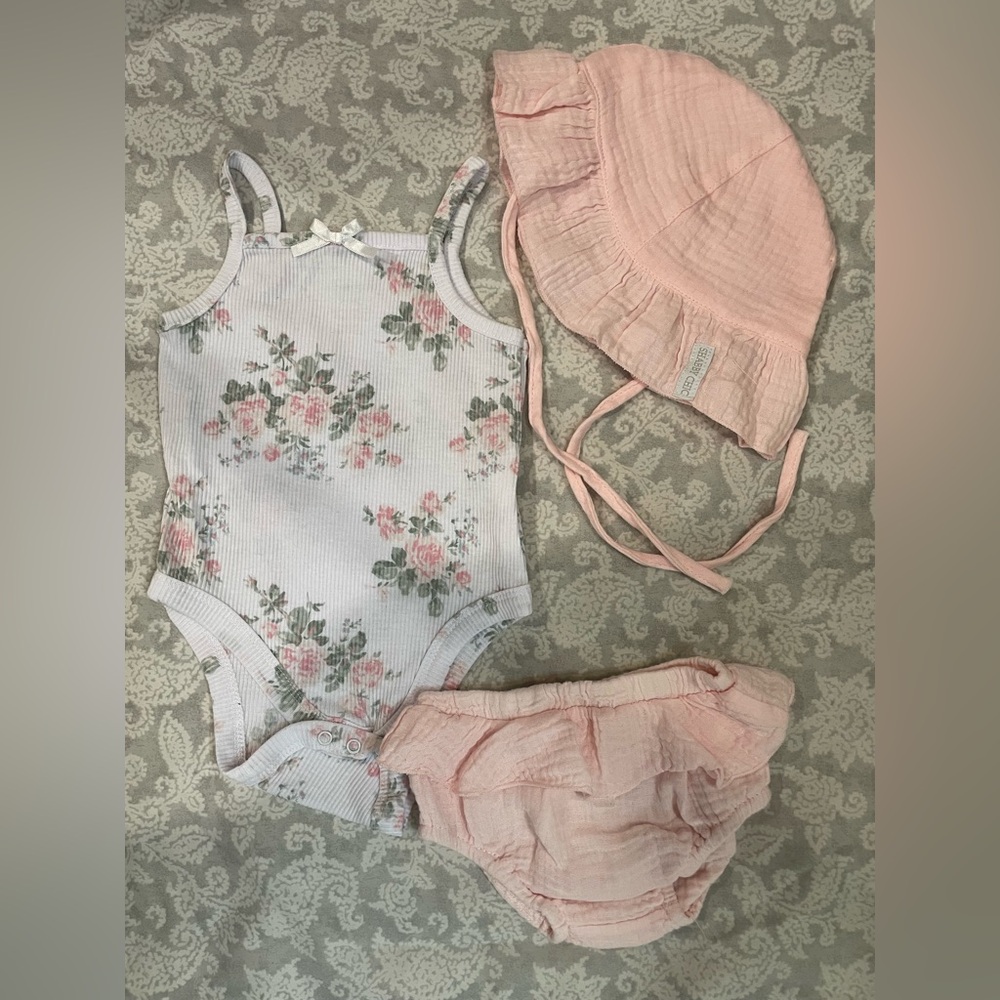 Shabby Chic Pink Floral Bodysuit Bloomers Hat Baby Set Size 3 6M